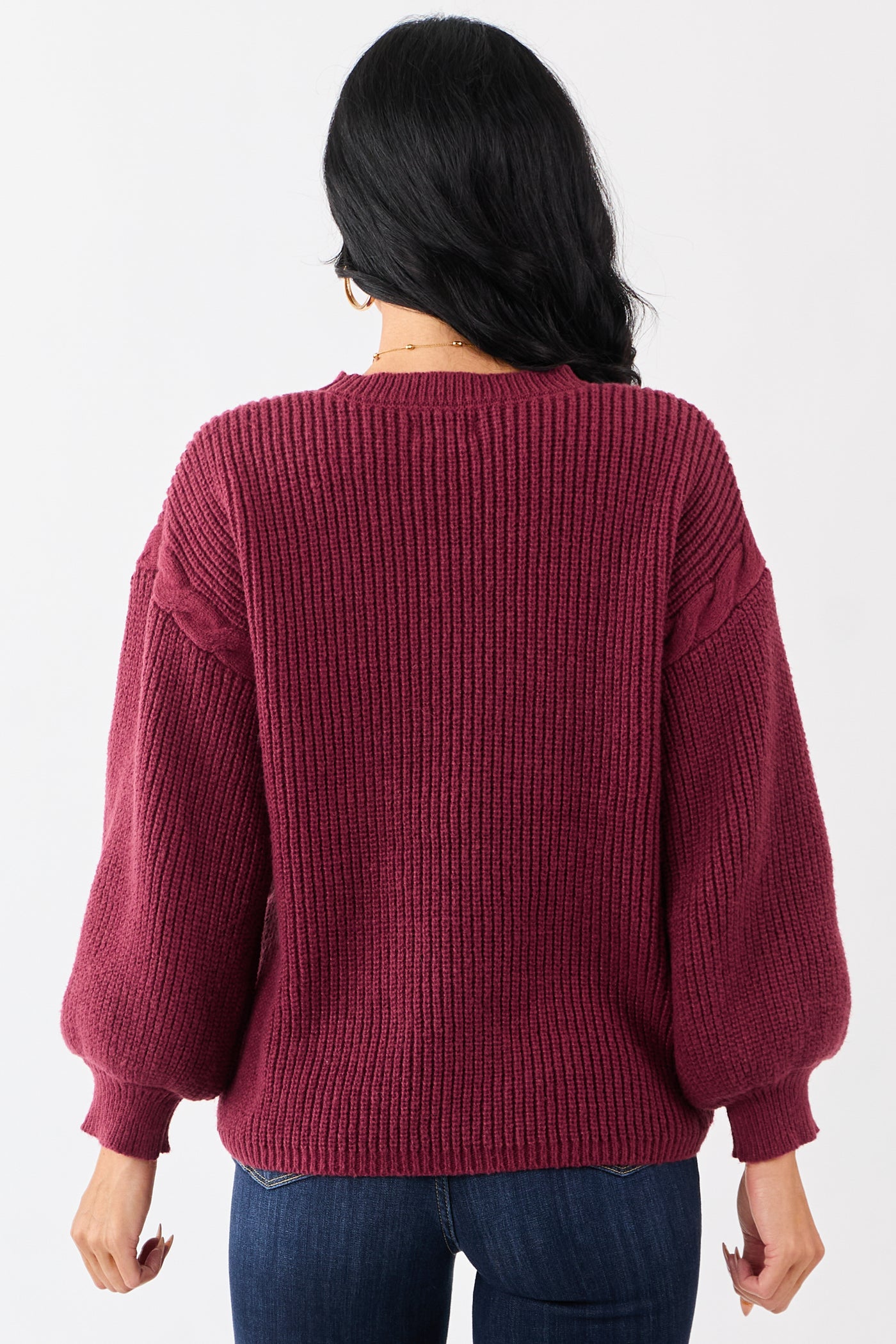 Lovelo Wine Lace Up Side Puff Sleeve Sweater