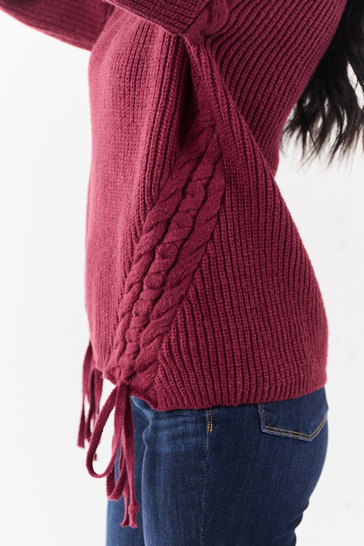 Lovelo Wine Lace Up Side Puff Sleeve Sweater