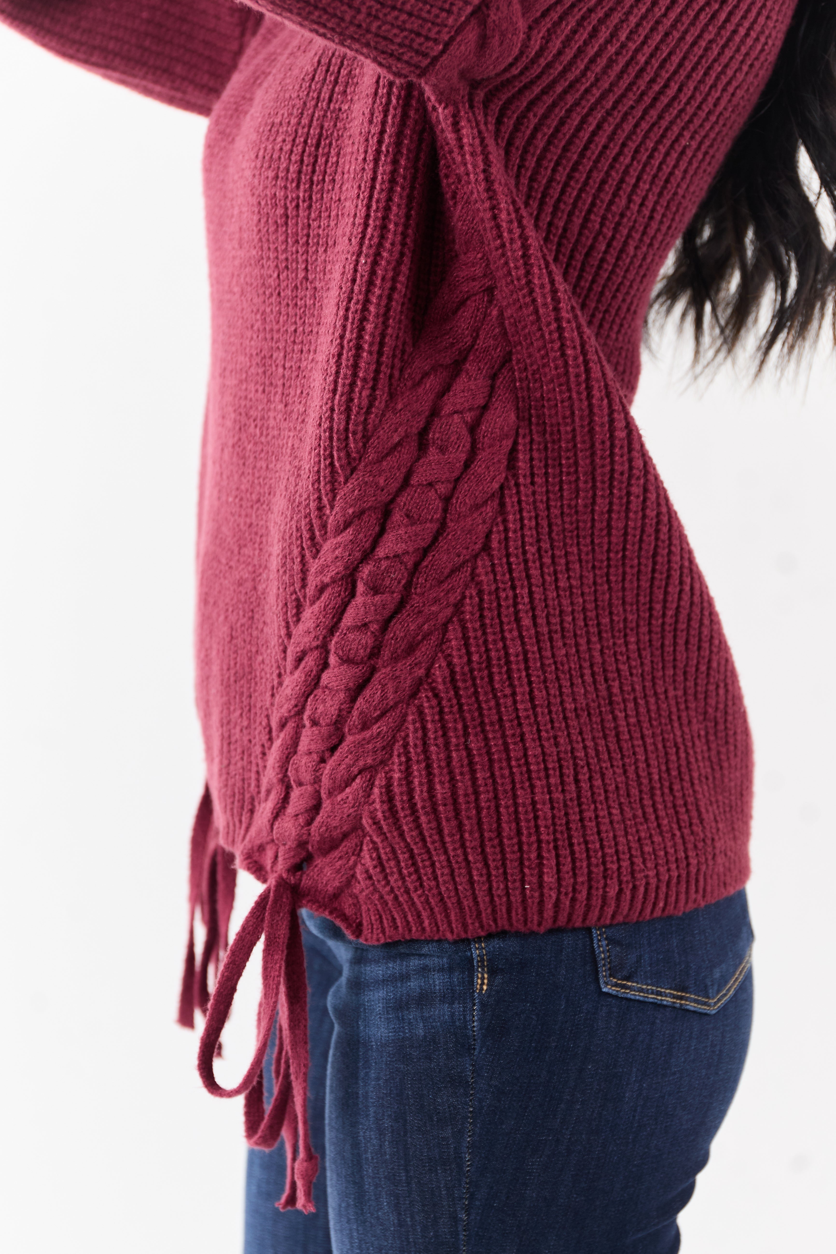 Lovelo Wine Lace Up Side Puff Sleeve Sweater