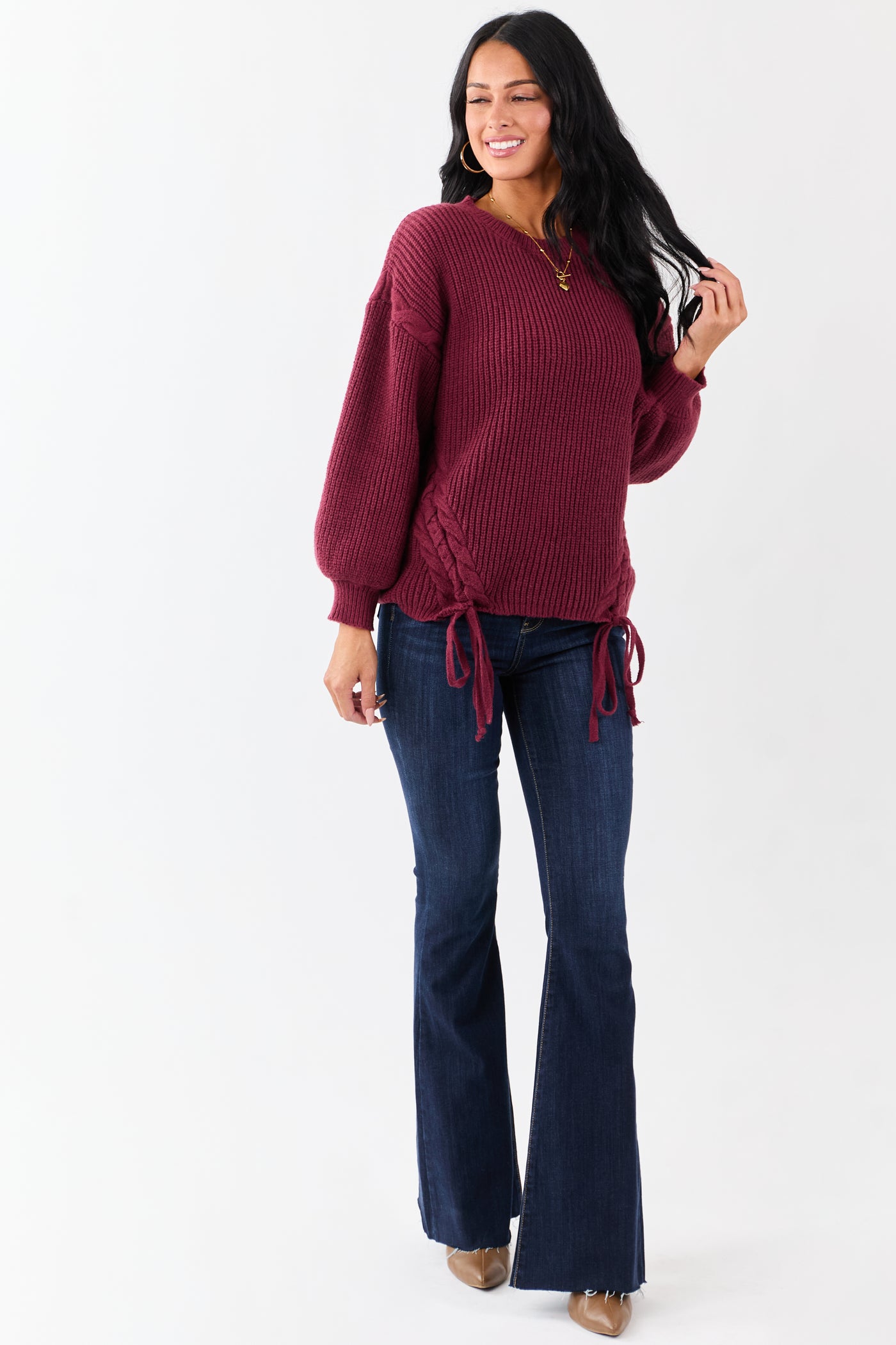 Lovelo Wine Lace Up Side Puff Sleeve Sweater