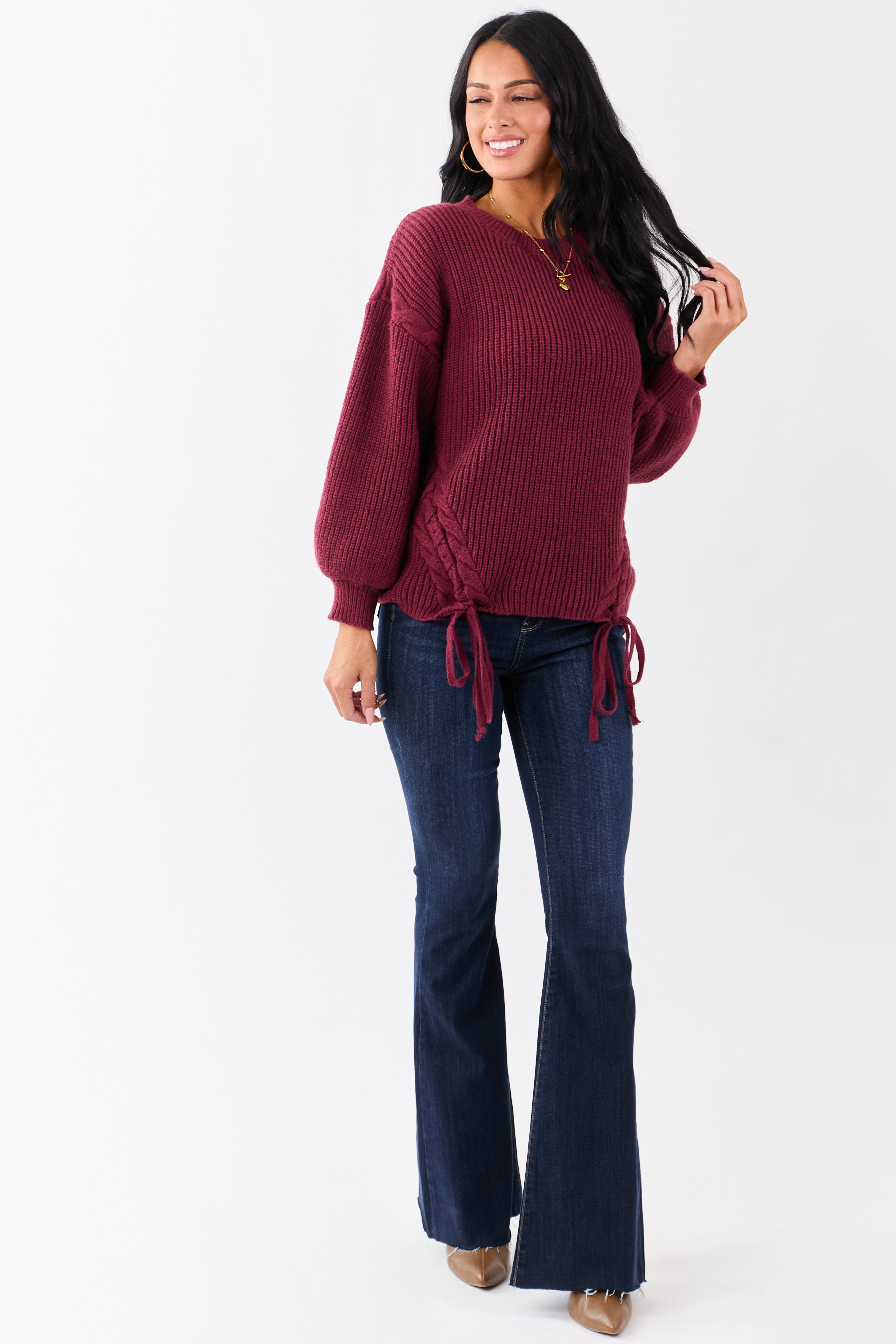 Lovelo Wine Lace Up Side Puff Sleeve Sweater