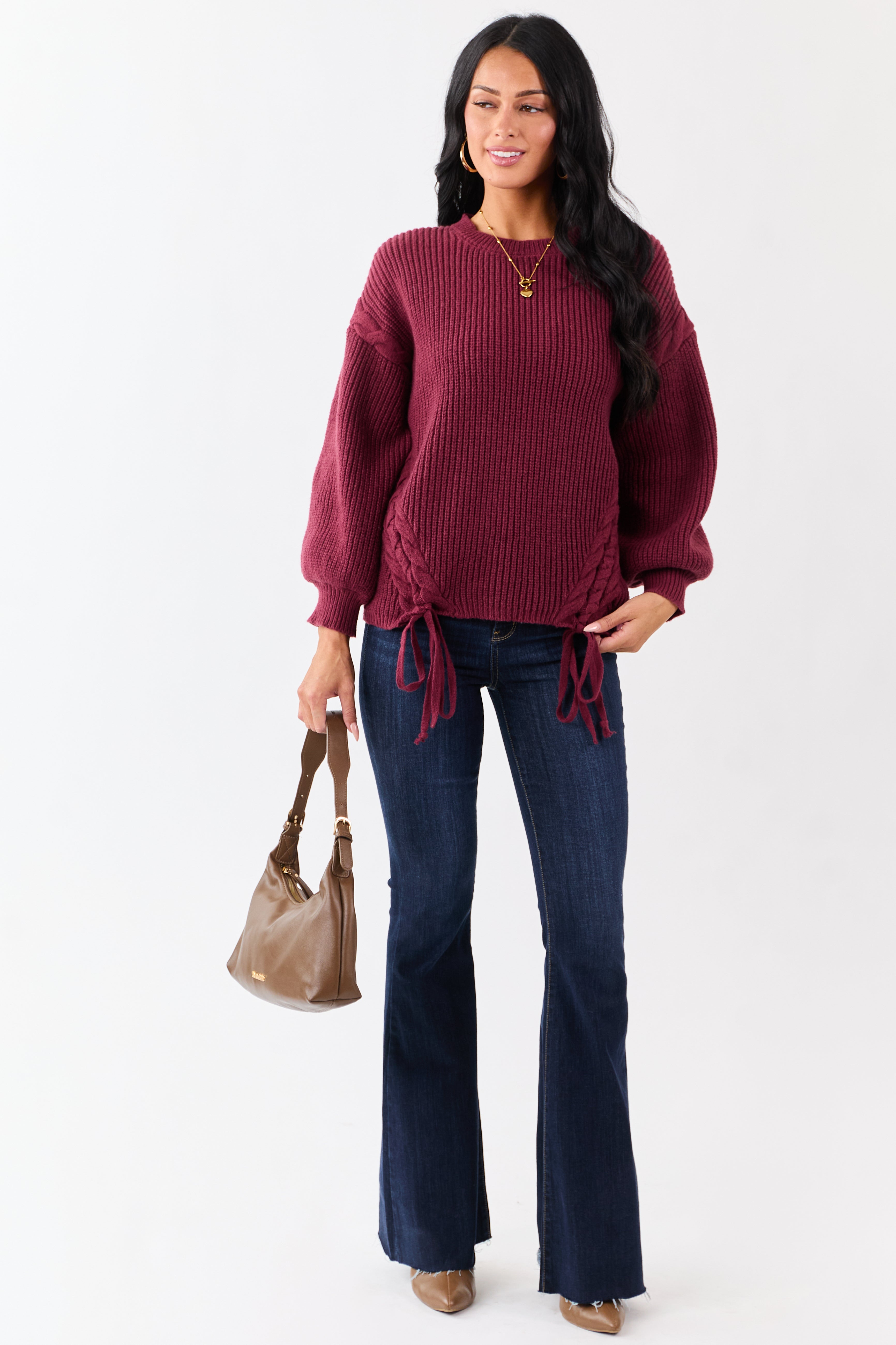 Lovelo Wine Lace Up Side Puff Sleeve Sweater