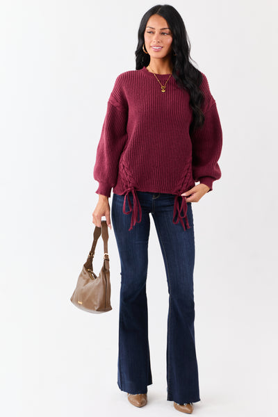 Lovelo Wine Lace Up Side Puff Sleeve Sweater