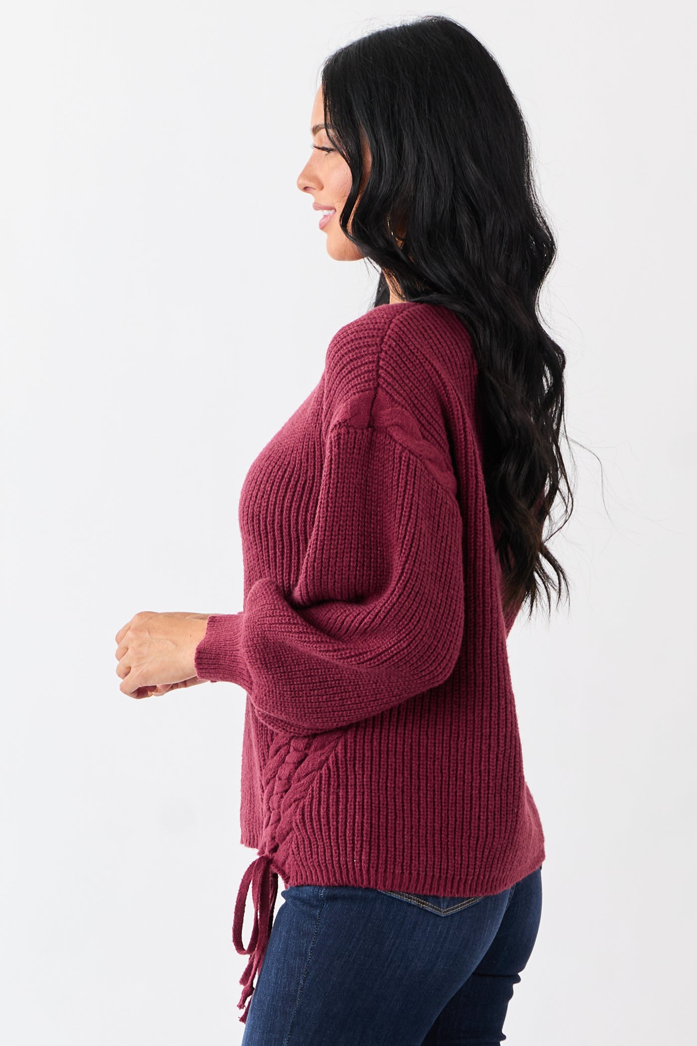 Lovelo Wine Lace Up Side Puff Sleeve Sweater