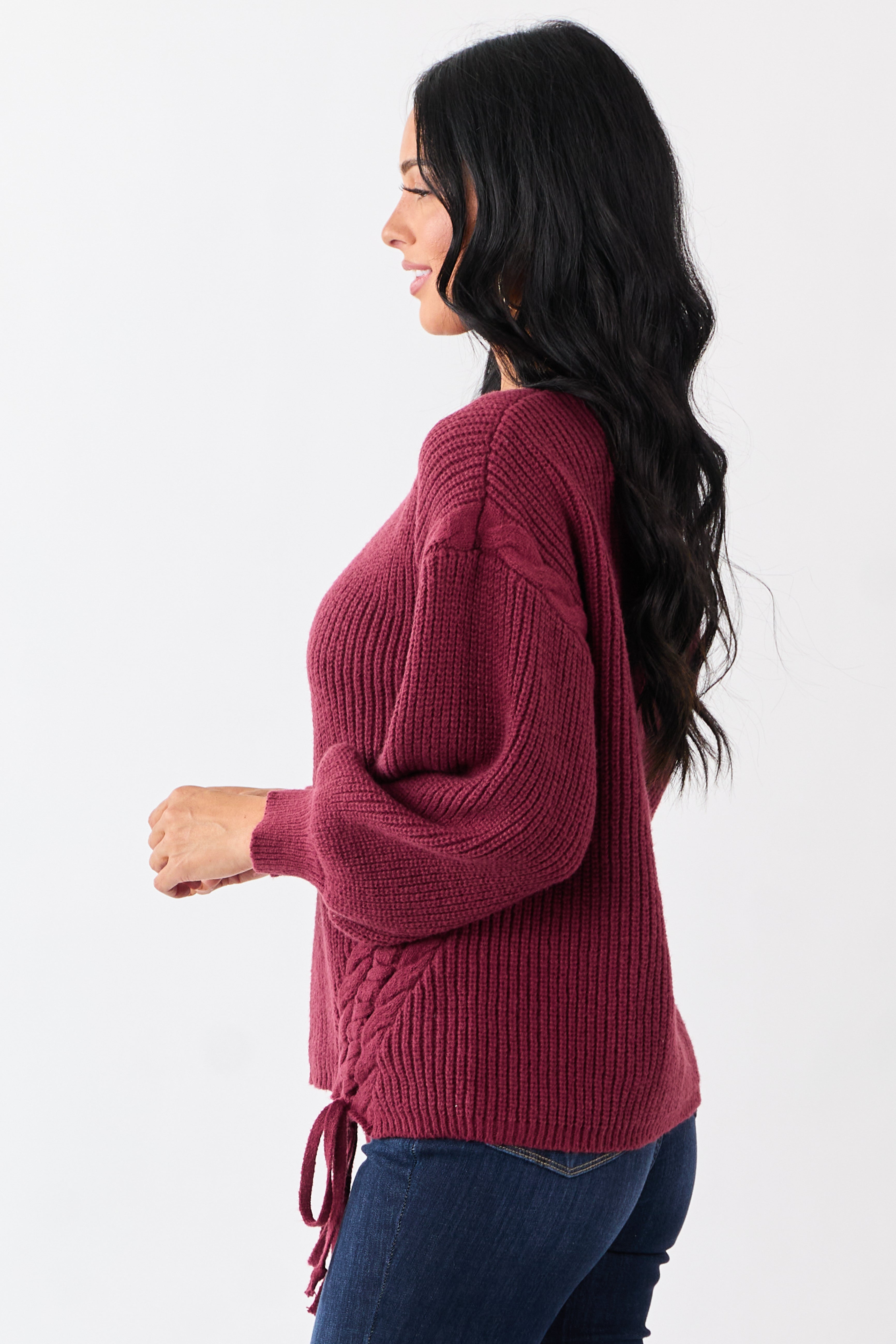 Lovelo Wine Lace Up Side Puff Sleeve Sweater