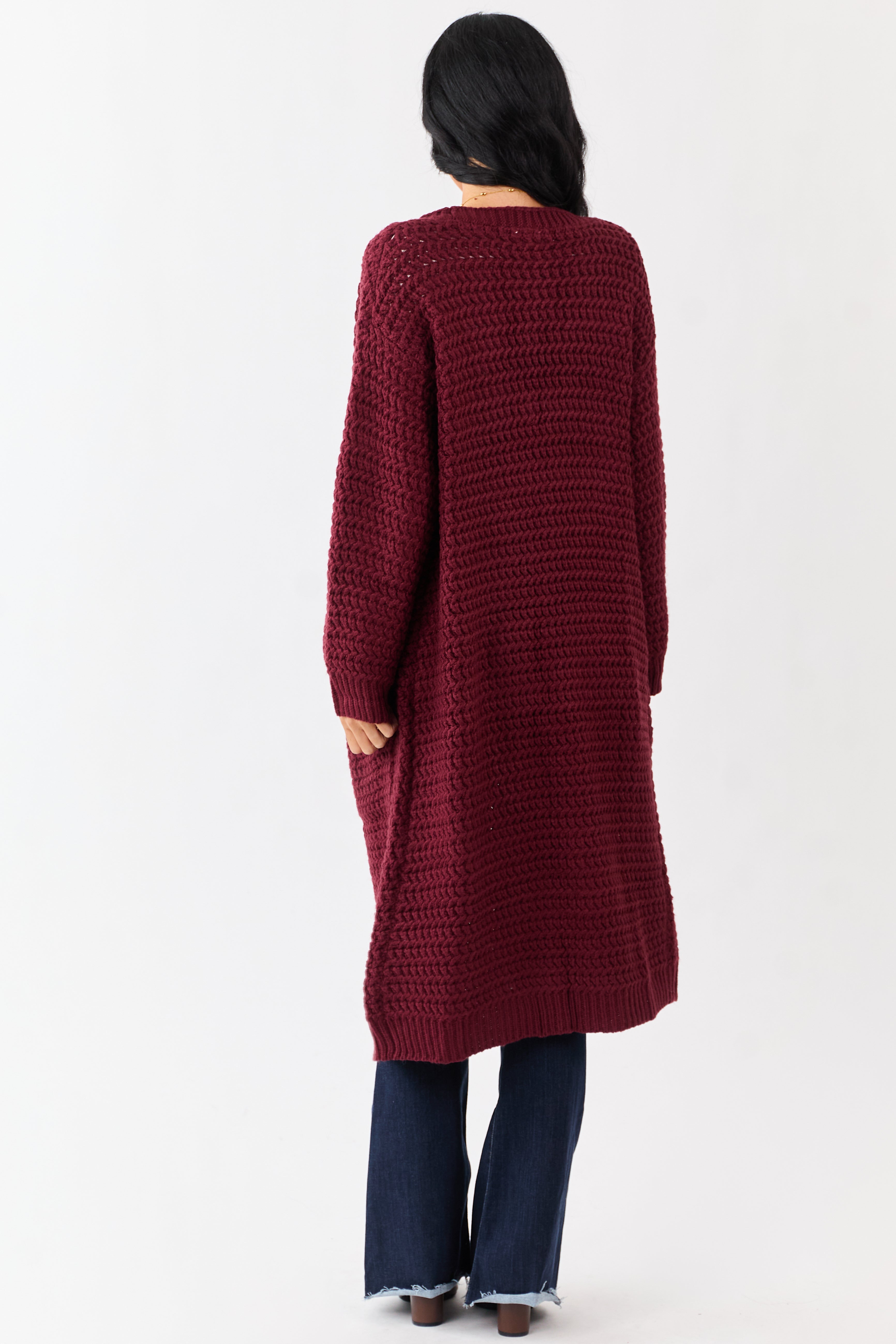 Lovelo Wine Waffle Knit Open Front Duster Cardigan