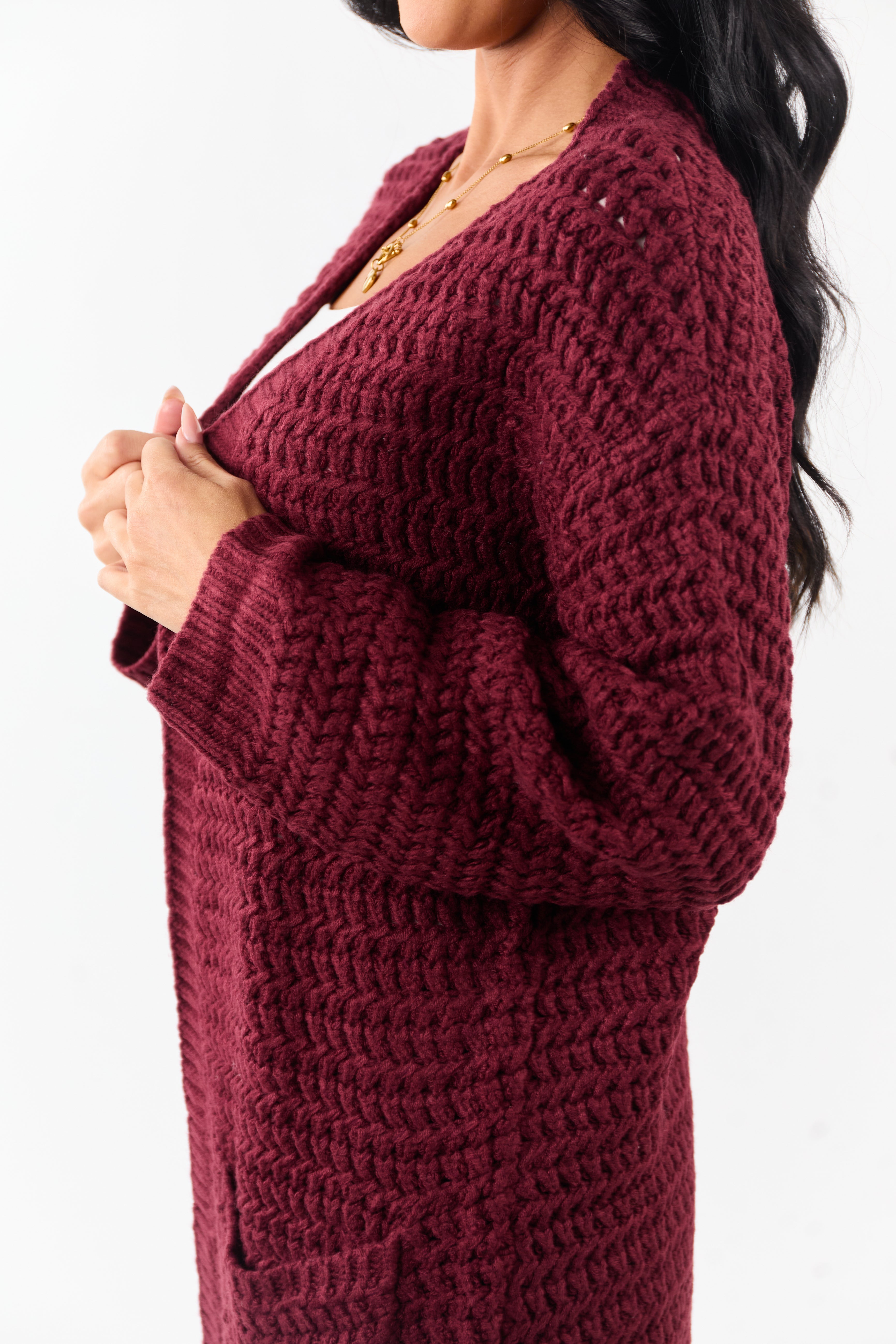 Lovelo Wine Waffle Knit Open Front Duster Cardigan