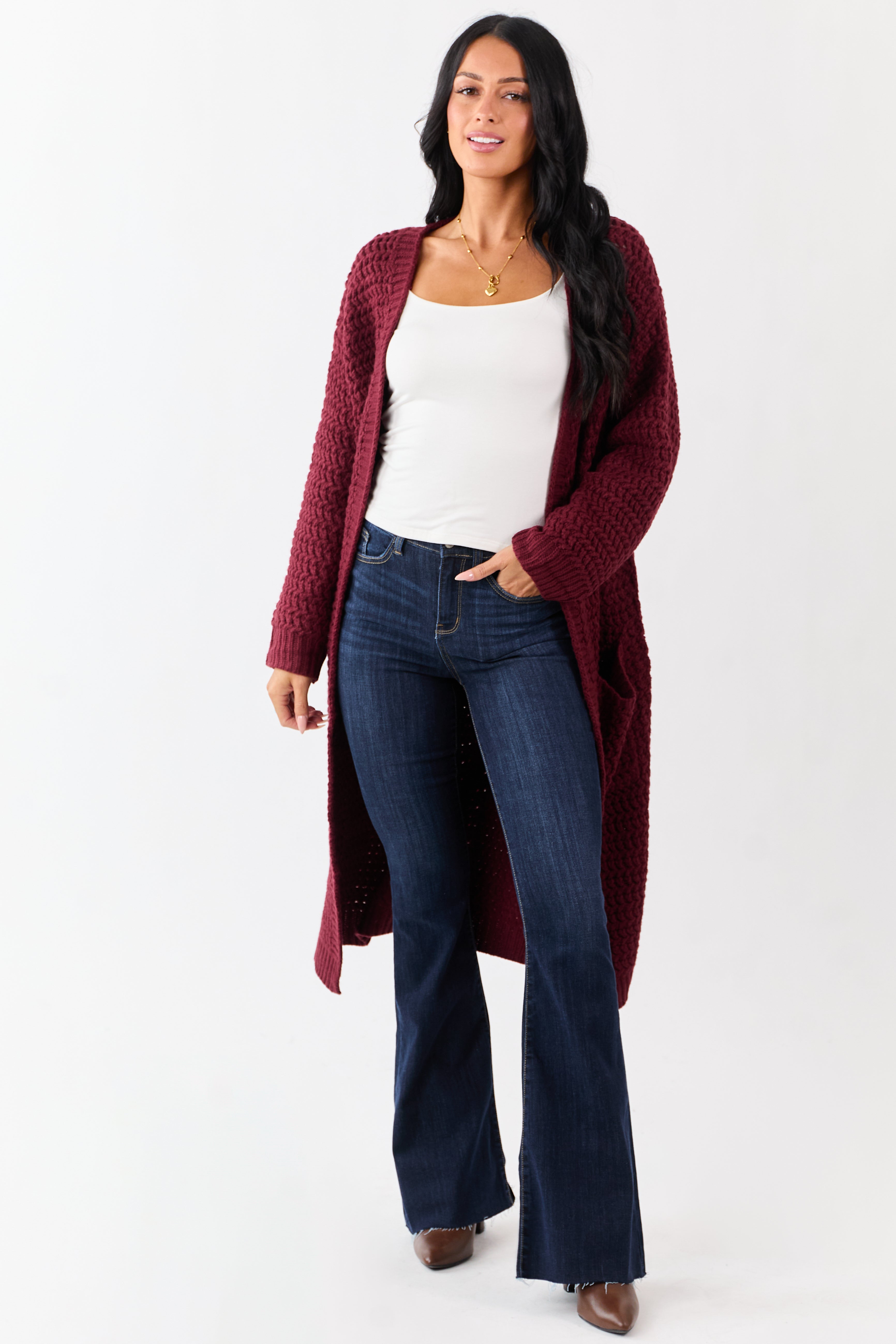 Lovelo Wine Waffle Knit Open Front Duster Cardigan