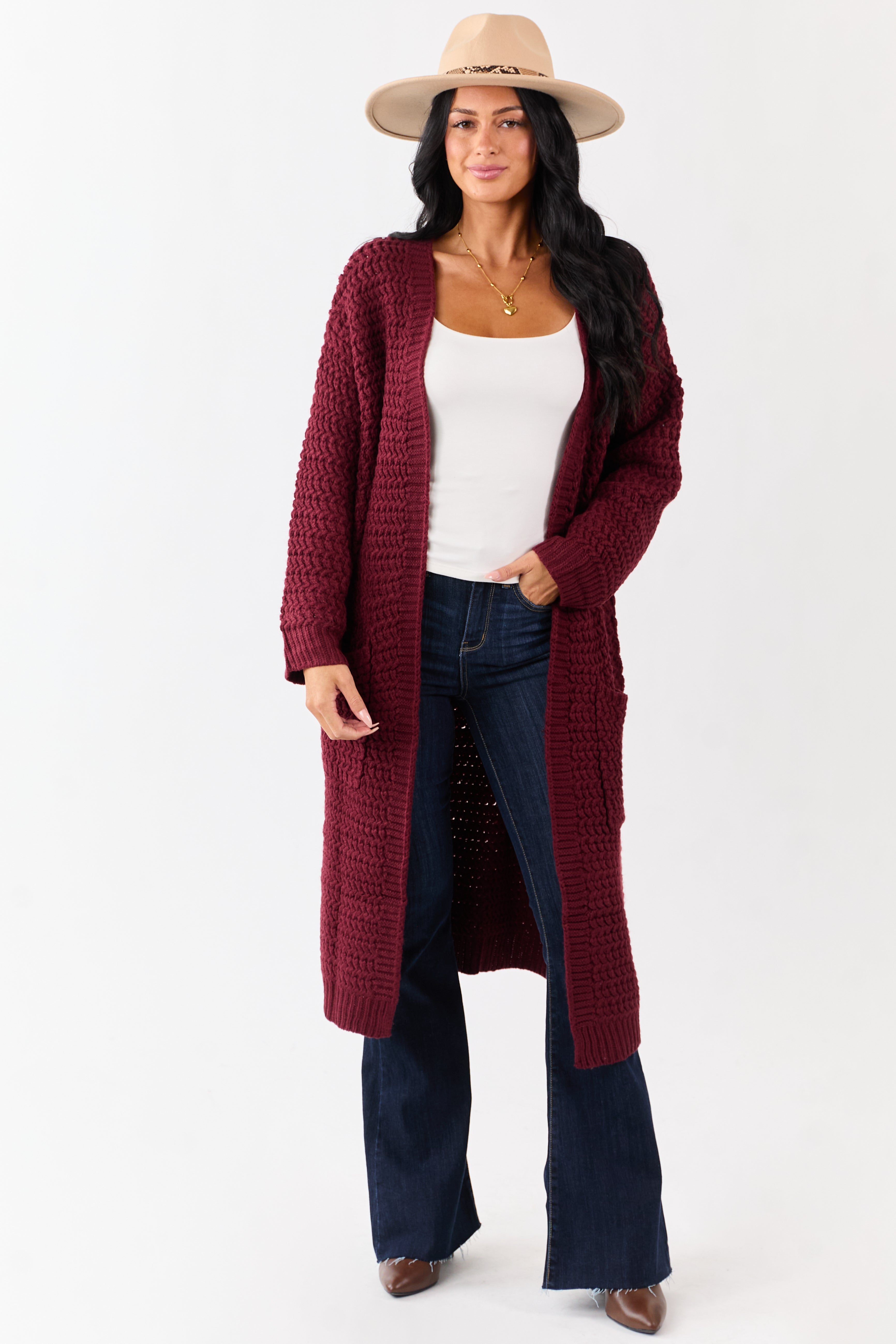 Lovelo Wine Waffle Knit Open Front Duster Cardigan