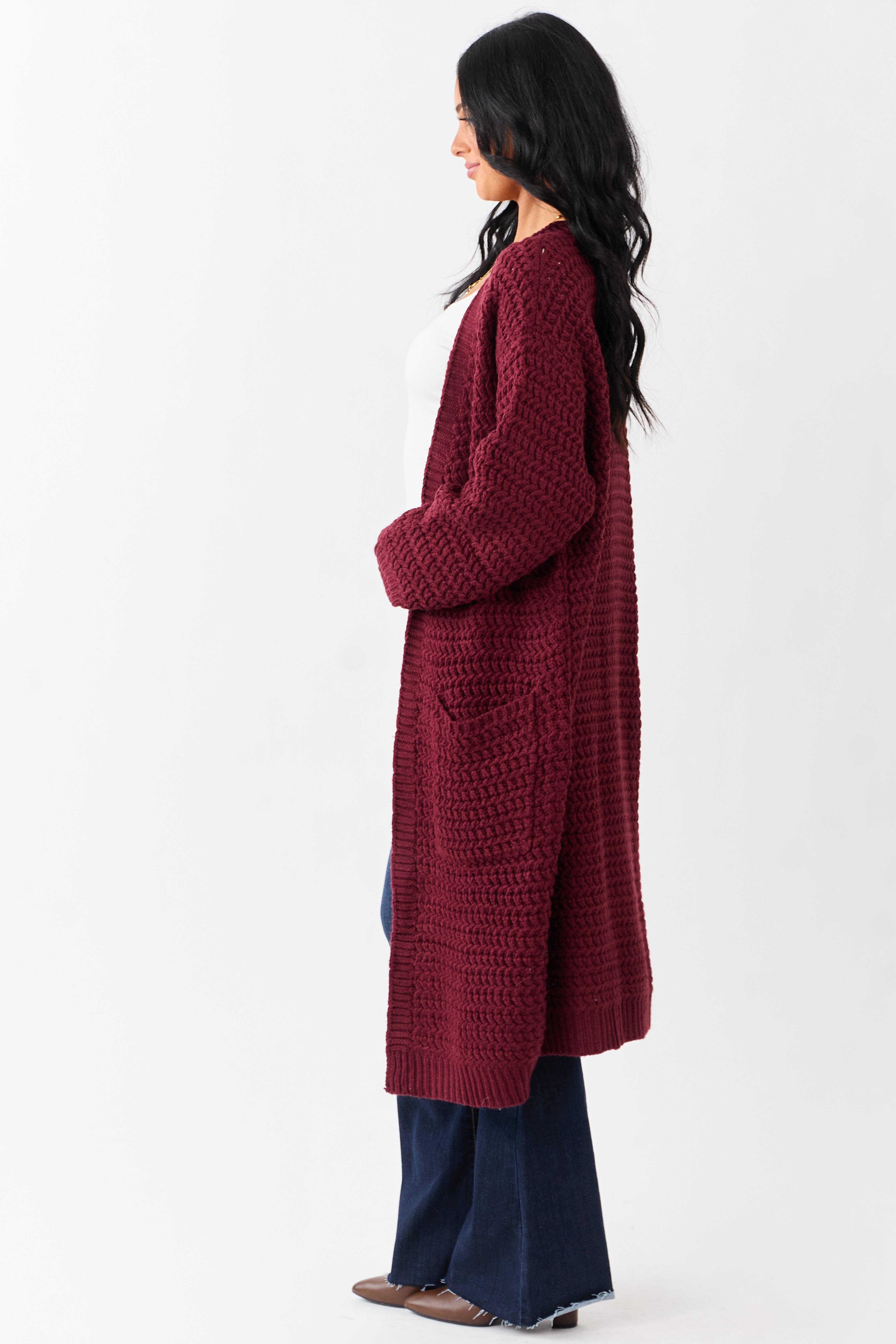 Lovelo Wine Waffle Knit Open Front Duster Cardigan | Lime Lush