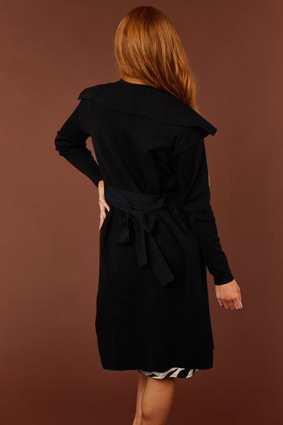 Luna Black Open Waist Tie Ribbed Knit Coat