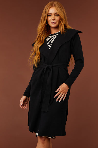 Luna Black Open Waist Tie Ribbed Knit Coat