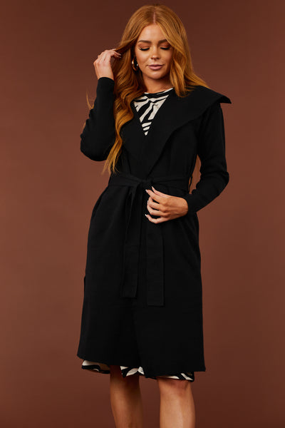 Luna Black Open Waist Tie Ribbed Knit Coat