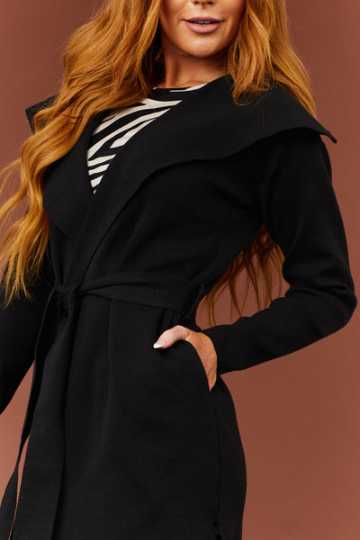 Luna Black Open Waist Tie Ribbed Knit Coat