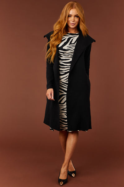 Luna Black Open Waist Tie Ribbed Knit Coat