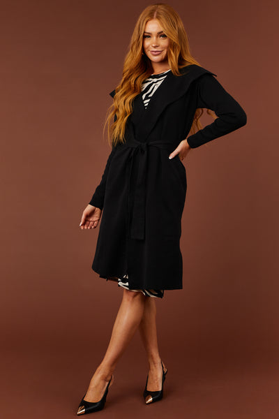 Luna Black Open Waist Tie Ribbed Knit Coat