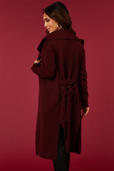 Luna Mahogany Open Waist Tie Ribbed Knit Coat