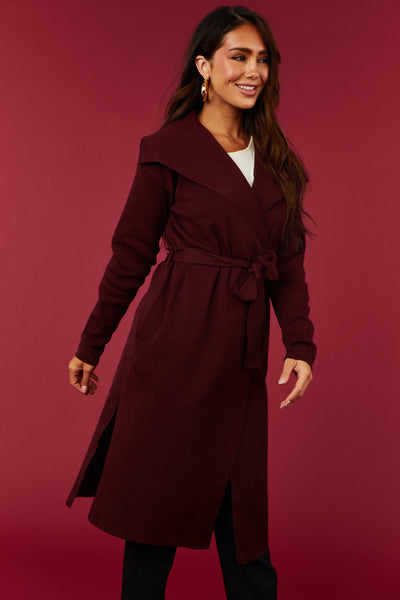 Luna Mahogany Open Waist Tie Ribbed Knit Coat