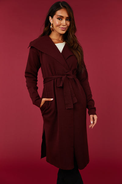 Luna Mahogany Open Waist Tie Ribbed Knit Coat