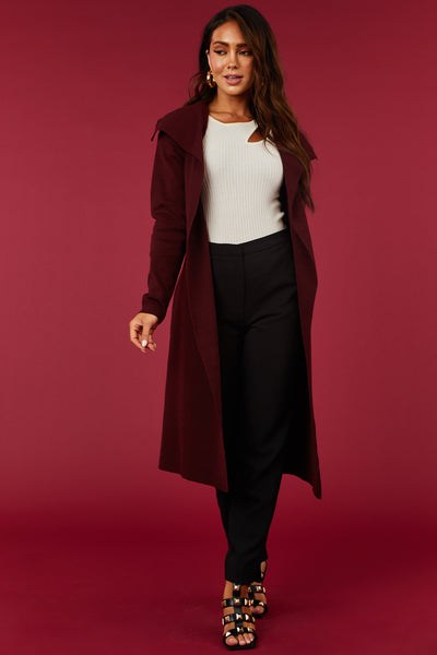 Luna Mahogany Open Waist Tie Ribbed Knit Coat