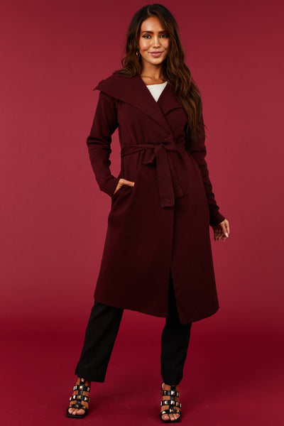 Luna Mahogany Open Waist Tie Ribbed Knit Coat