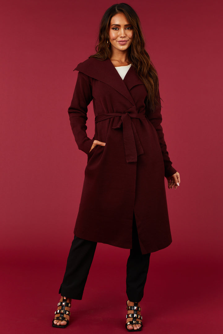 Luna Mahogany Open Waist Tie Ribbed Knit Coat