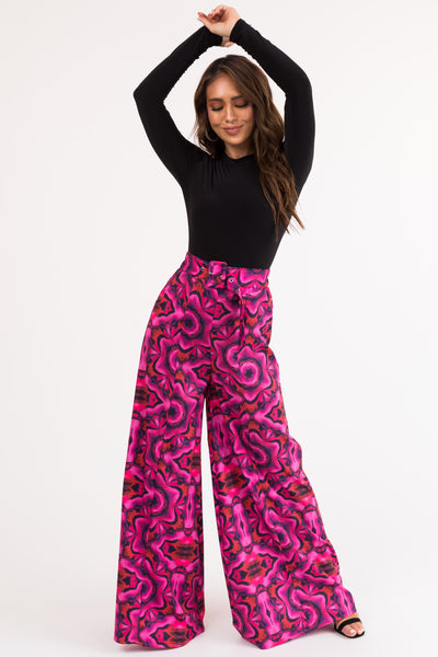 Magenta Abstract Print Super Wide Leg Pants