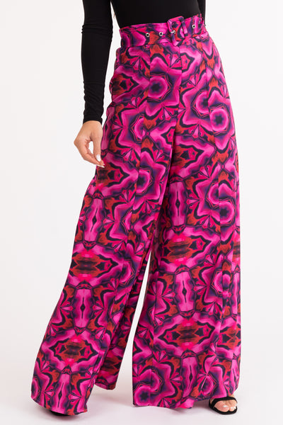 Magenta Abstract Print Super Wide Leg Pants