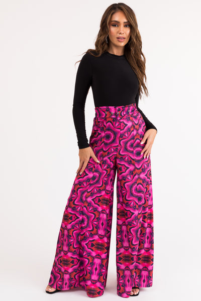 Magenta Abstract Print Super Wide Leg Pants