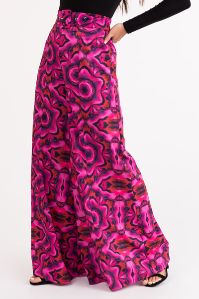 Magenta Abstract Print Super Wide Leg Pants