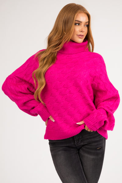 Magenta Braided Knit Turtleneck Soft Sweater