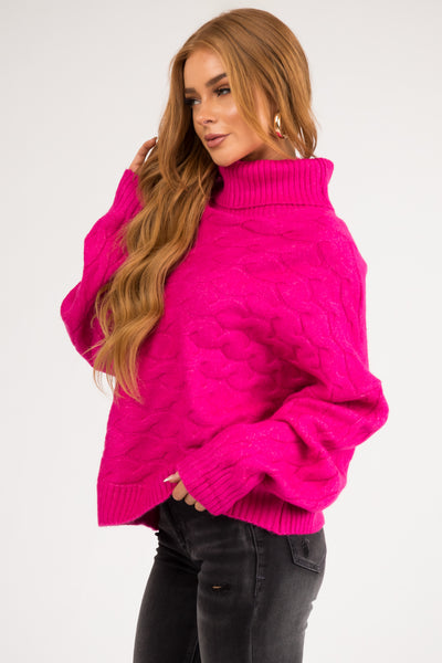 Magenta Braided Knit Turtleneck Soft Sweater