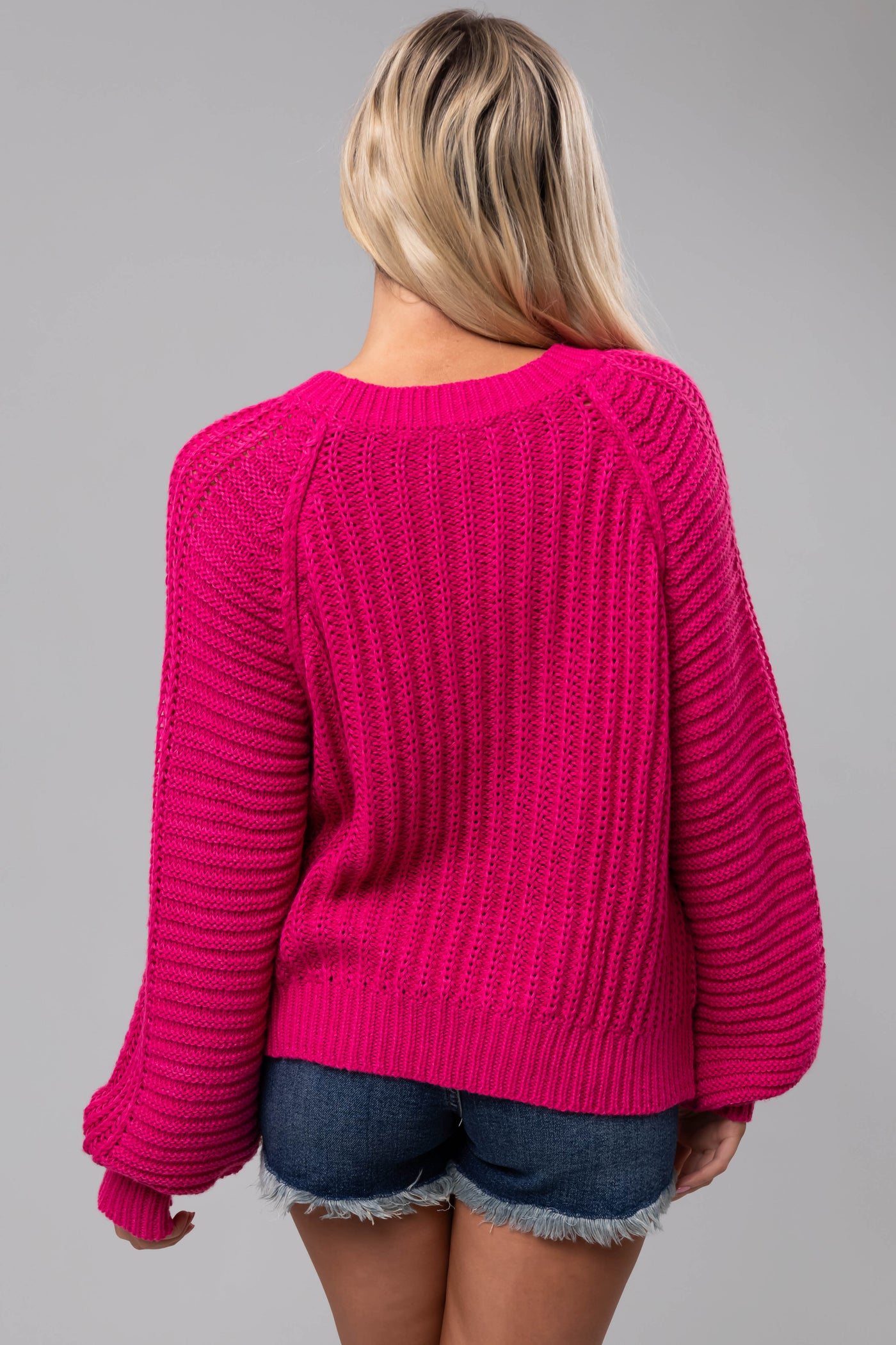 Magenta Bubble Sleeve Ribbed Knit Sweater