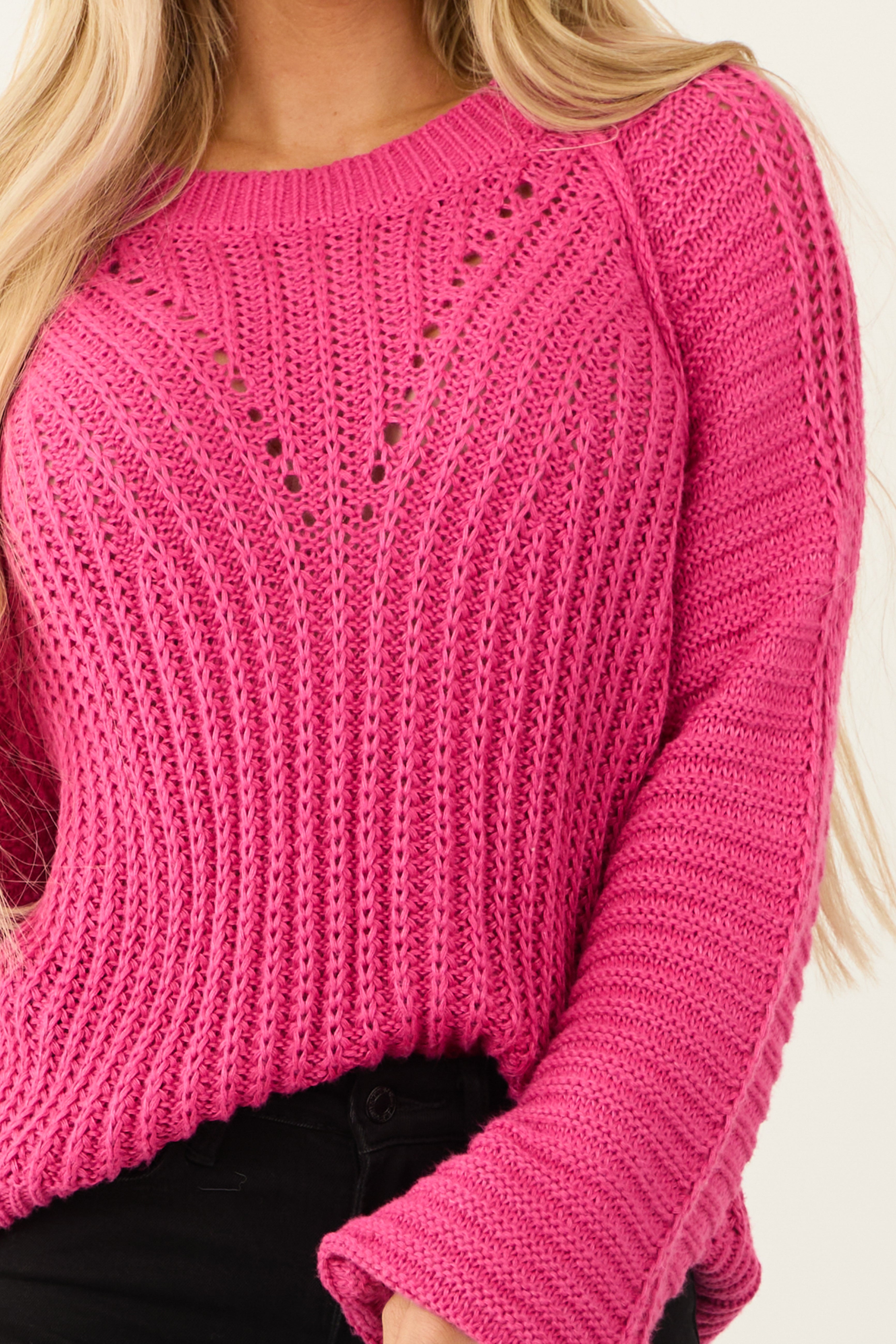 Magenta Bubble Sleeve Ribbed Knit Sweater