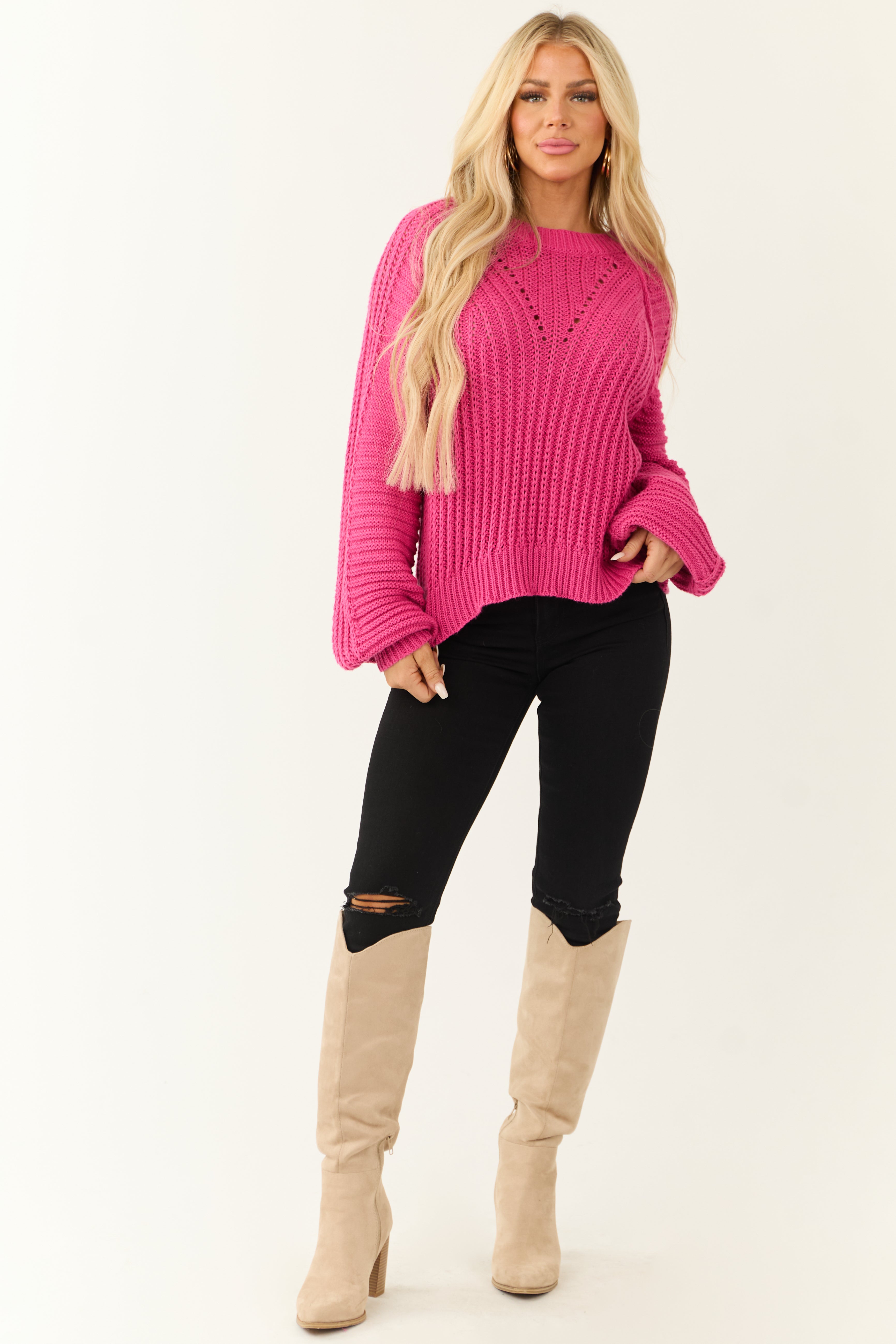 Magenta Bubble Sleeve Ribbed Knit Sweater