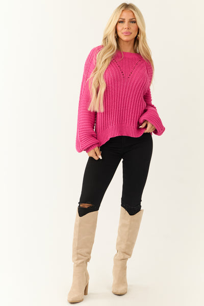 Magenta Bubble Sleeve Ribbed Knit Sweater