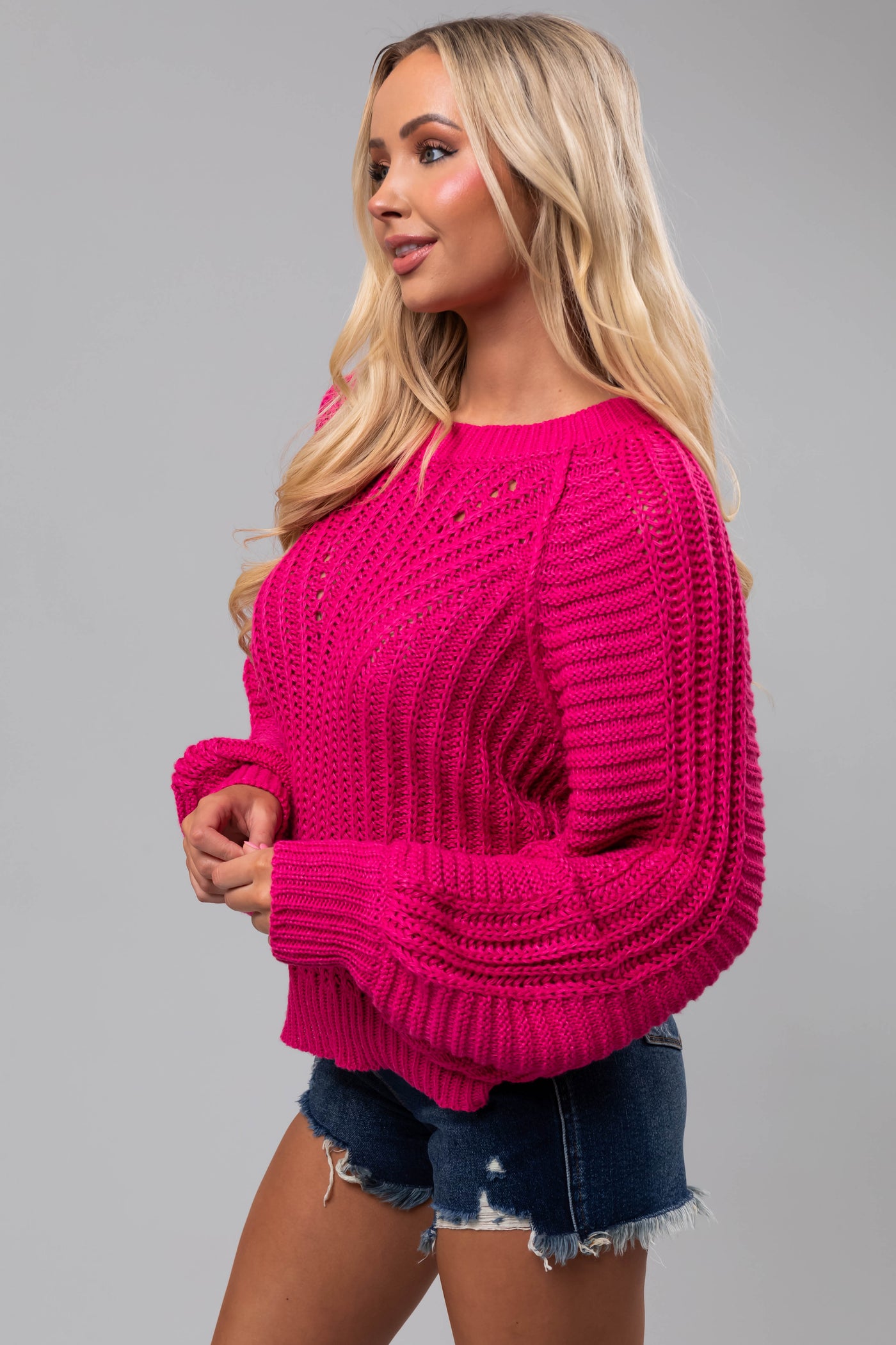 Magenta Bubble Sleeve Ribbed Knit Sweater