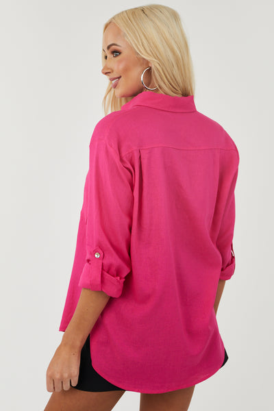Magenta Button Down Relaxed Linen Blend Top