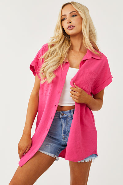 Magenta Button Down Short Cuffed Sleeve Top
