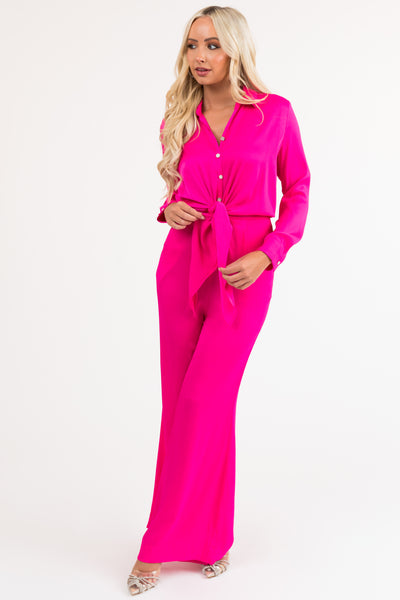 Magenta Button Up Collared Front Tie Jumpsuit