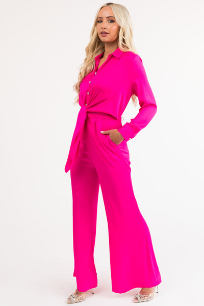 Magenta Button Up Collared Front Tie Jumpsuit