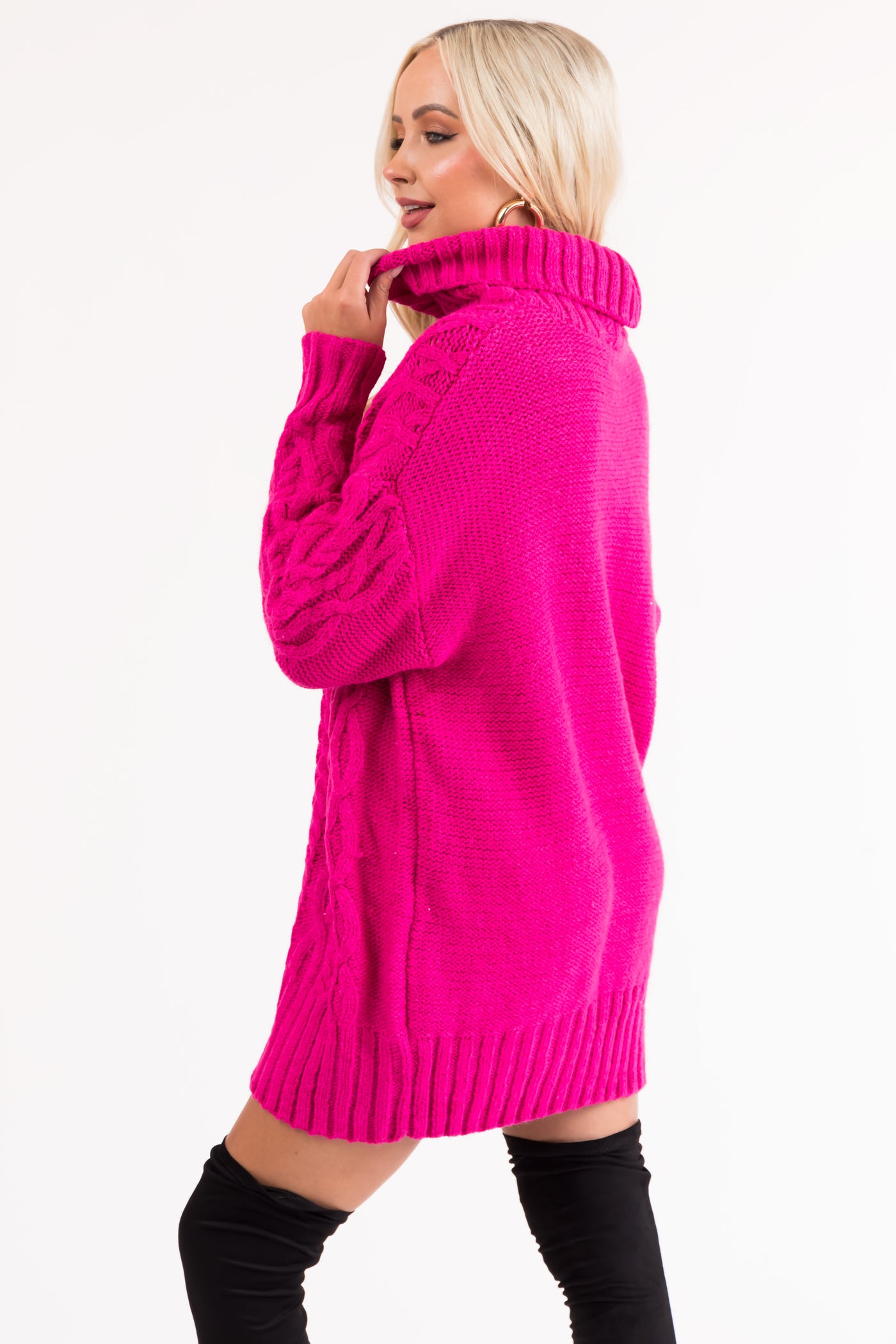 Magenta Cable Knit Turtleneck Sweater Dress | Lime Lush
