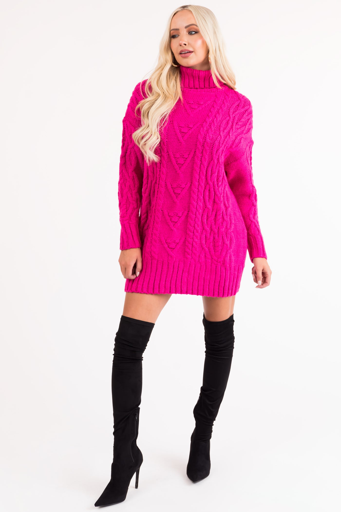 Magenta Cable Knit Turtleneck Sweater Dress