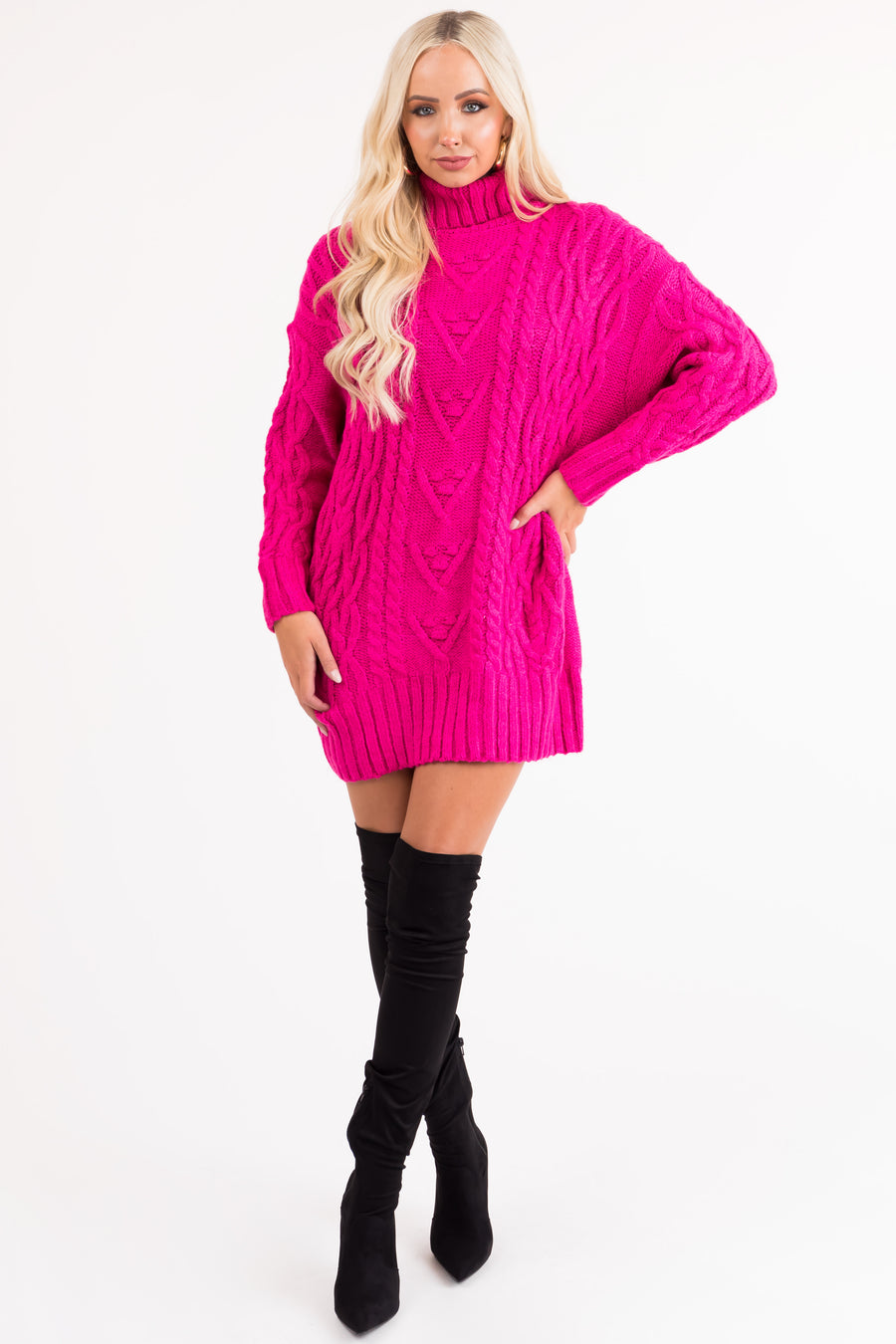 Magenta Cable Knit Turtleneck Sweater Dress