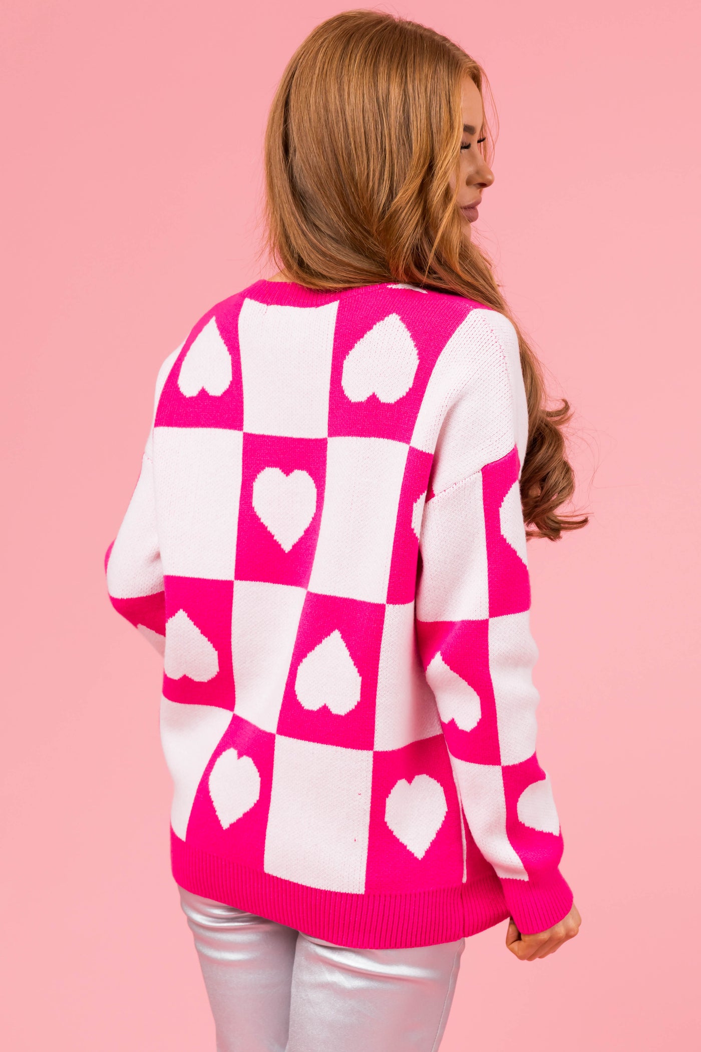 Magenta Checkered Heart Print Sweater