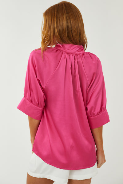 Magenta Collared V Neck Short Sleeve Satin Top