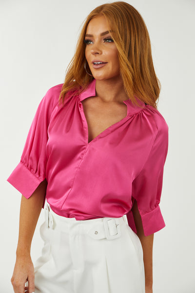 Magenta Collared V Neck Short Sleeve Satin Top