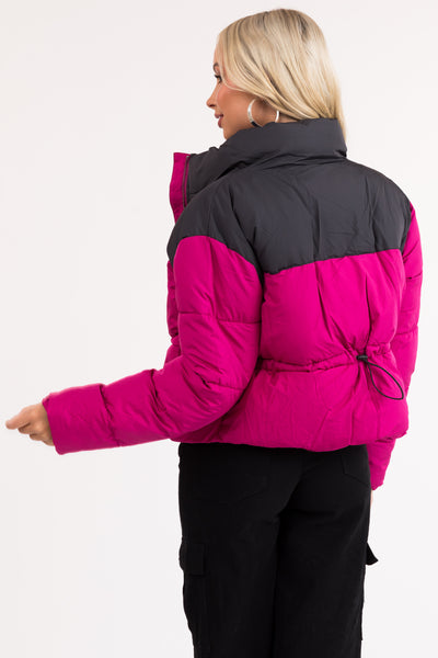 Magenta Colorblock Front Zip Up Puffer Jacket