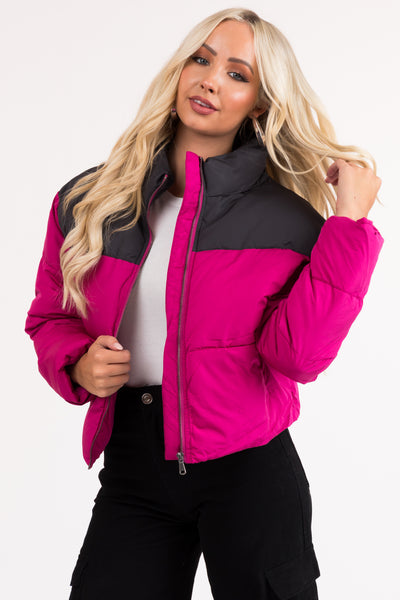 Magenta Colorblock Front Zip Up Puffer Jacket