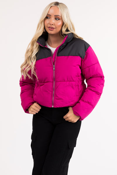 Magenta Colorblock Front Zip Up Puffer Jacket
